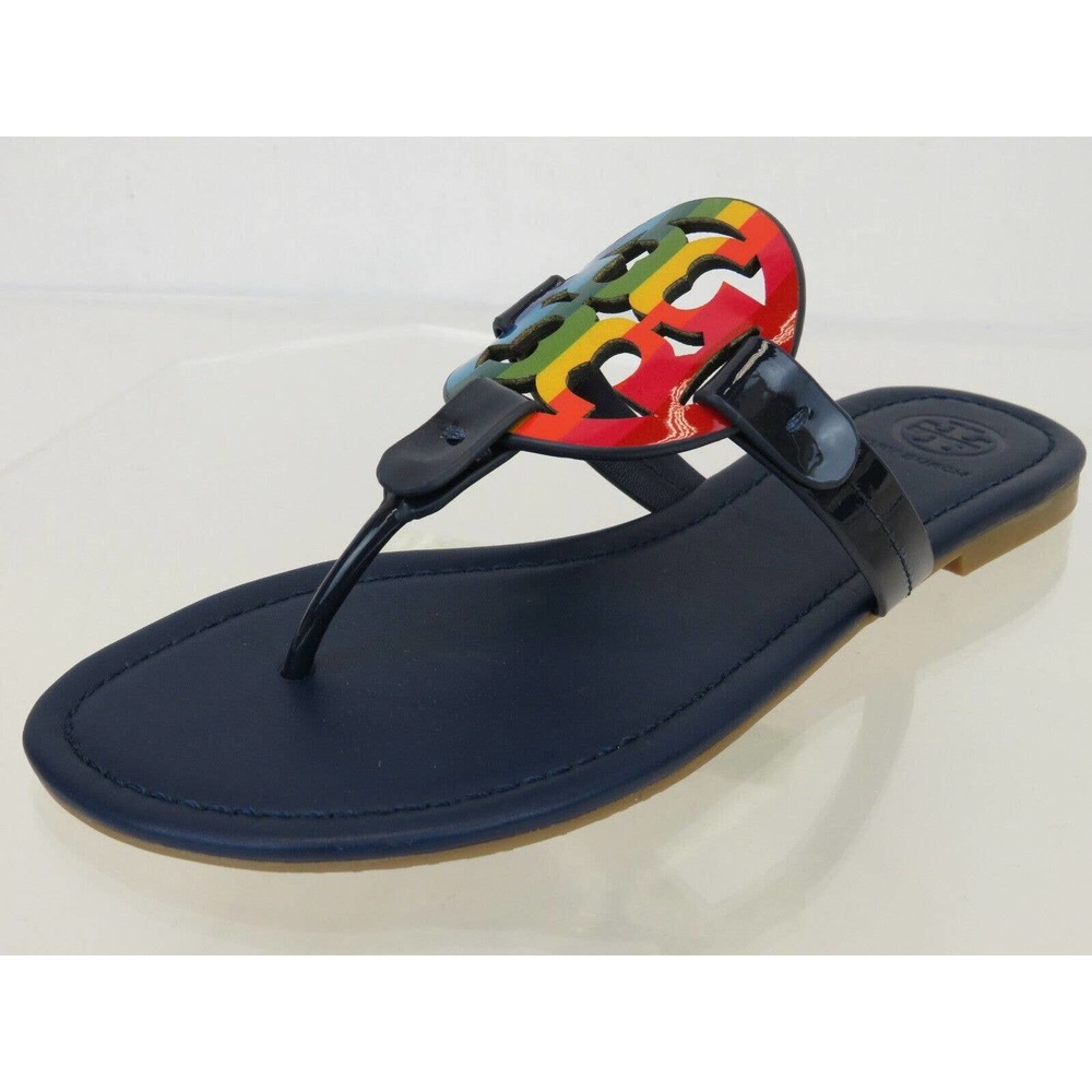 TORY BURCH MILLER ROYAL NAVY RAINBOW REVA LEATHER FLATS THONG SLIDES SANDALS 7 - Picture 9 of 12